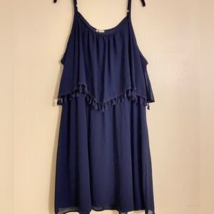 Navy Blue Tiered Spaghetti Strap Dress with Tassels 3X